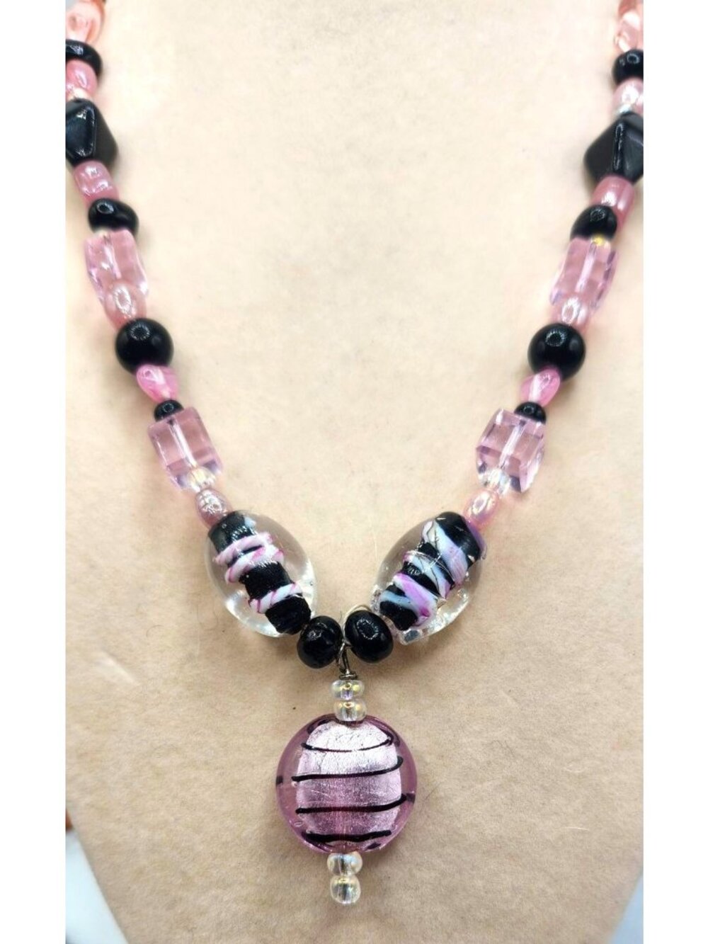 Pink & Black Beaded Necklace With Pendant - Black /White Stripes